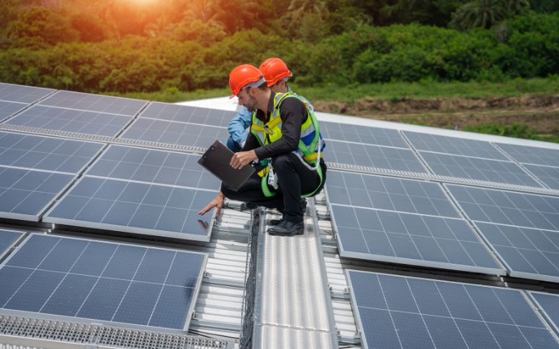Two engineers wearing hard hats and high-visibility vests inspect solar panels at a large solar farm.