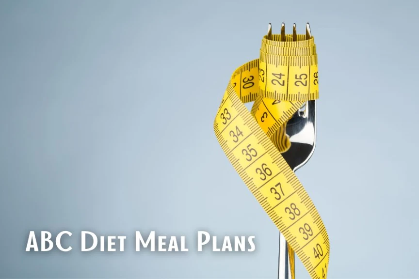 A fork with a measuring tape wrapped around it, symbolizing the intersection of food and weight management. Text reads 'ABC Diet Meal Plans'.