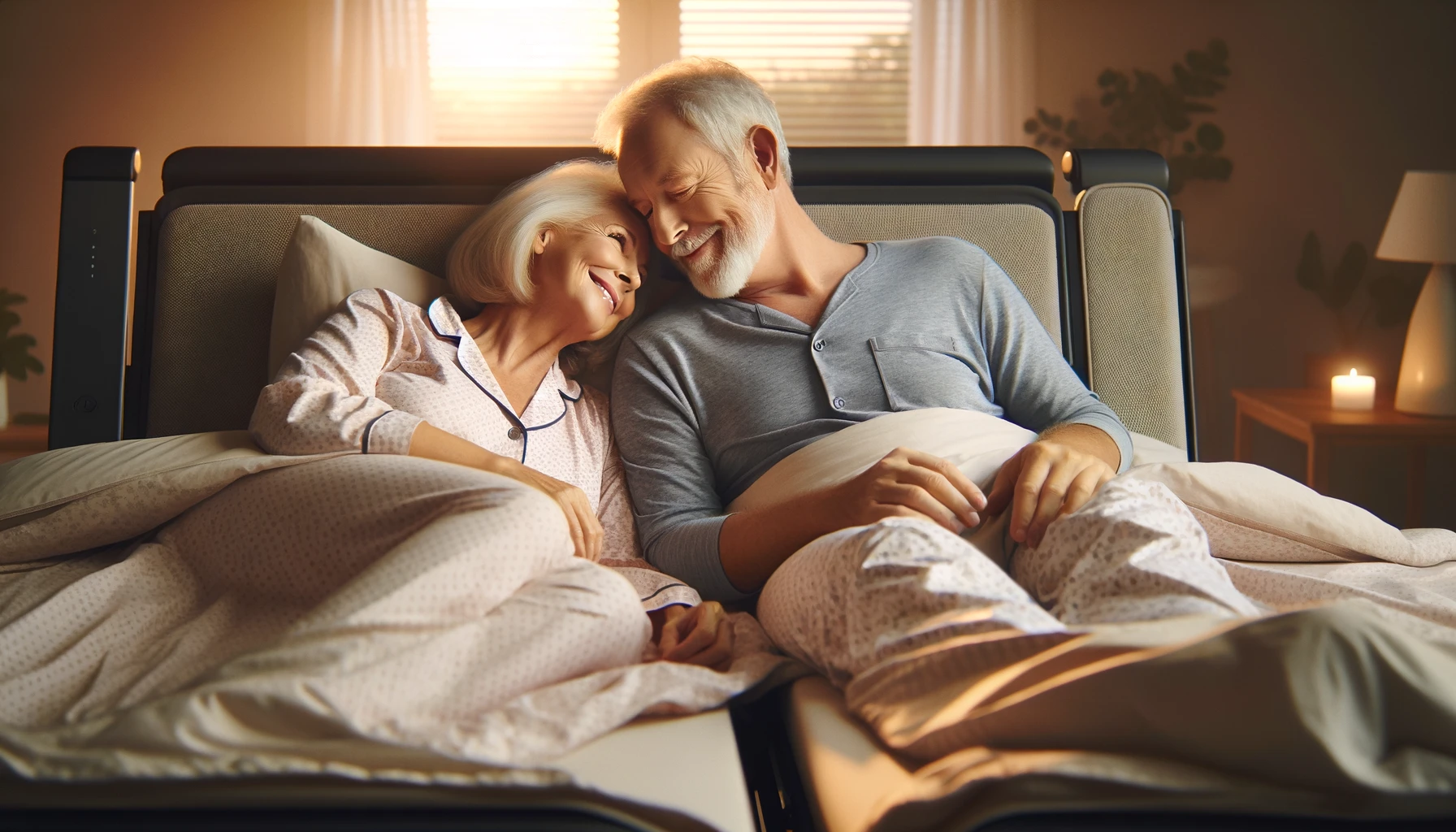 Senior couple enjoying their split queen adjustable bed