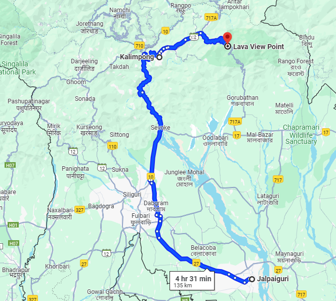 Driving road map from Jalpaiguri to Lava View point 