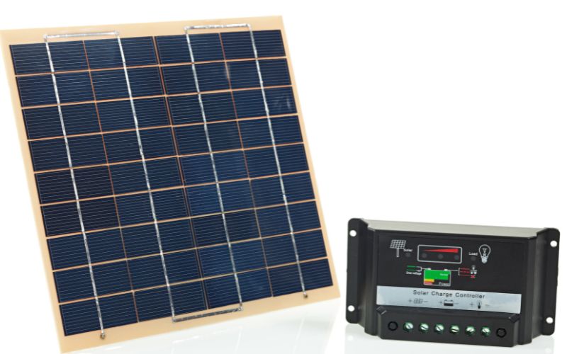 A solar panel alongside a solar charge controller on a white background.