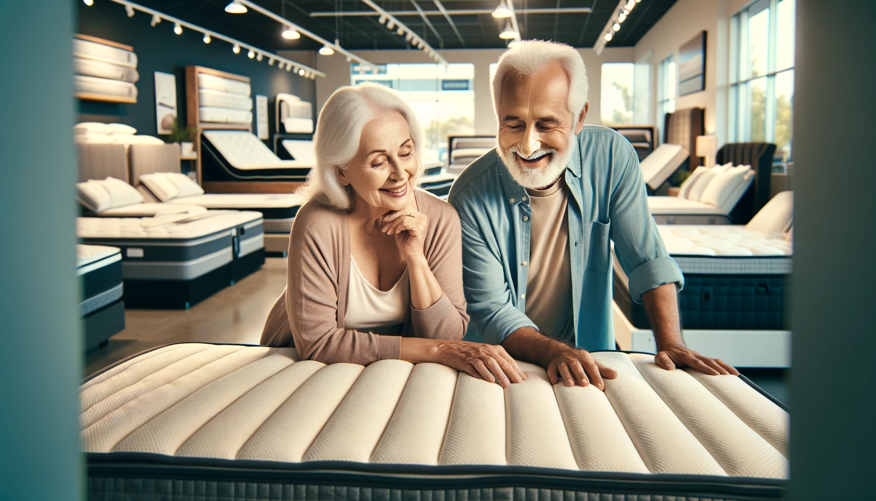 Senior couple shopping for split queen adjustable beds