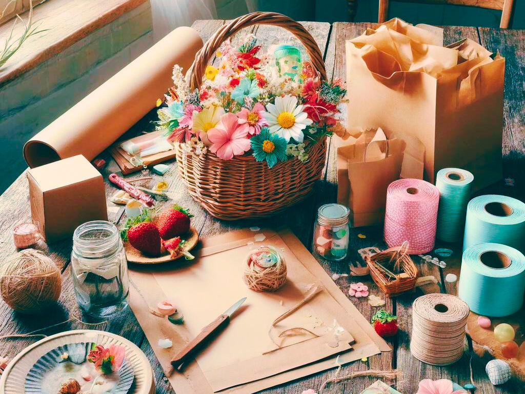 A wooden table filled with craft materials after making a DIY May Flower basket