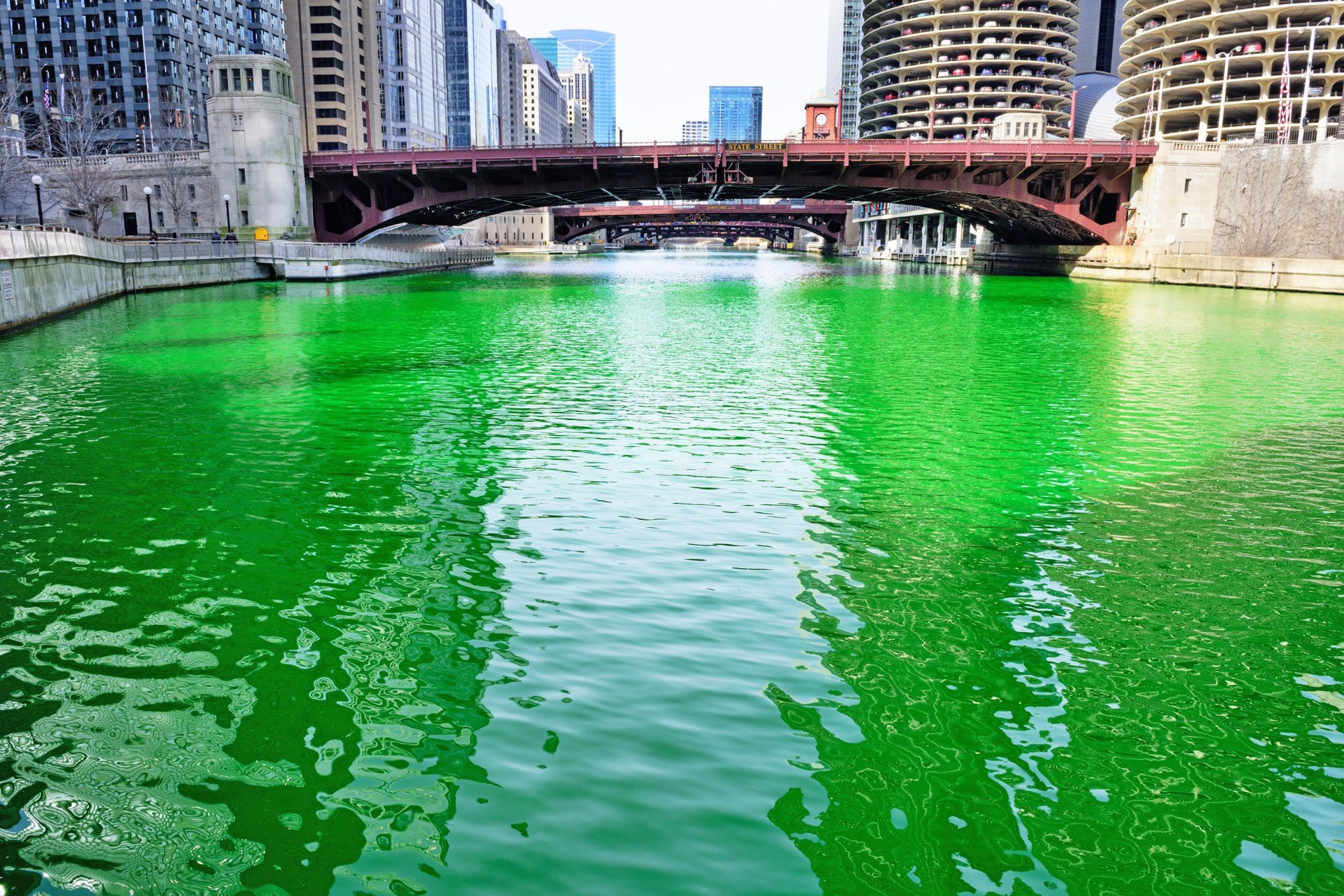 The Chicago River is dyed a vibrant green, with city buildings and bridges in the background.