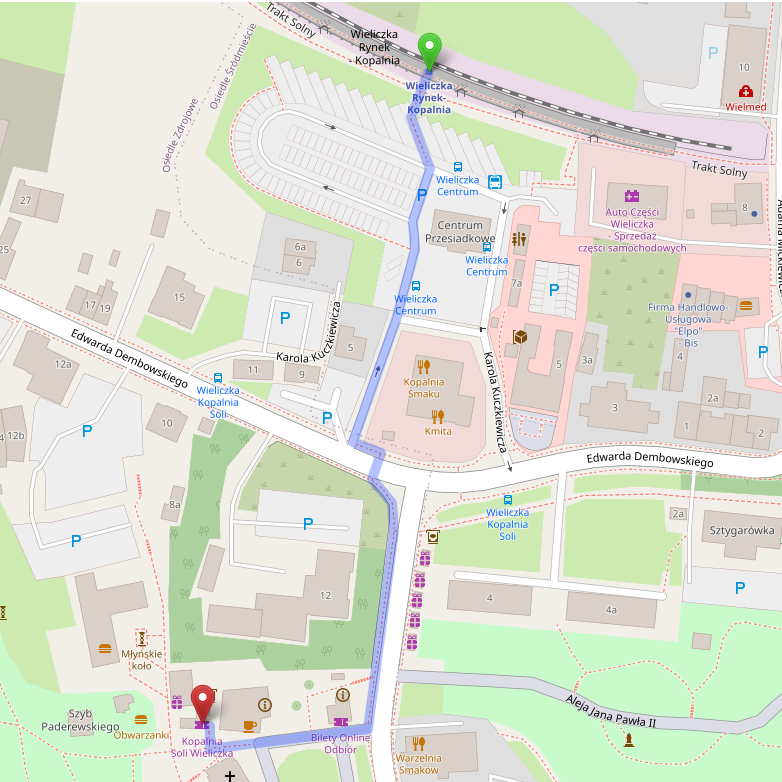 map showing the walking path from Wieliczka Main Square-Mine station to Wieliczka Salt Mine