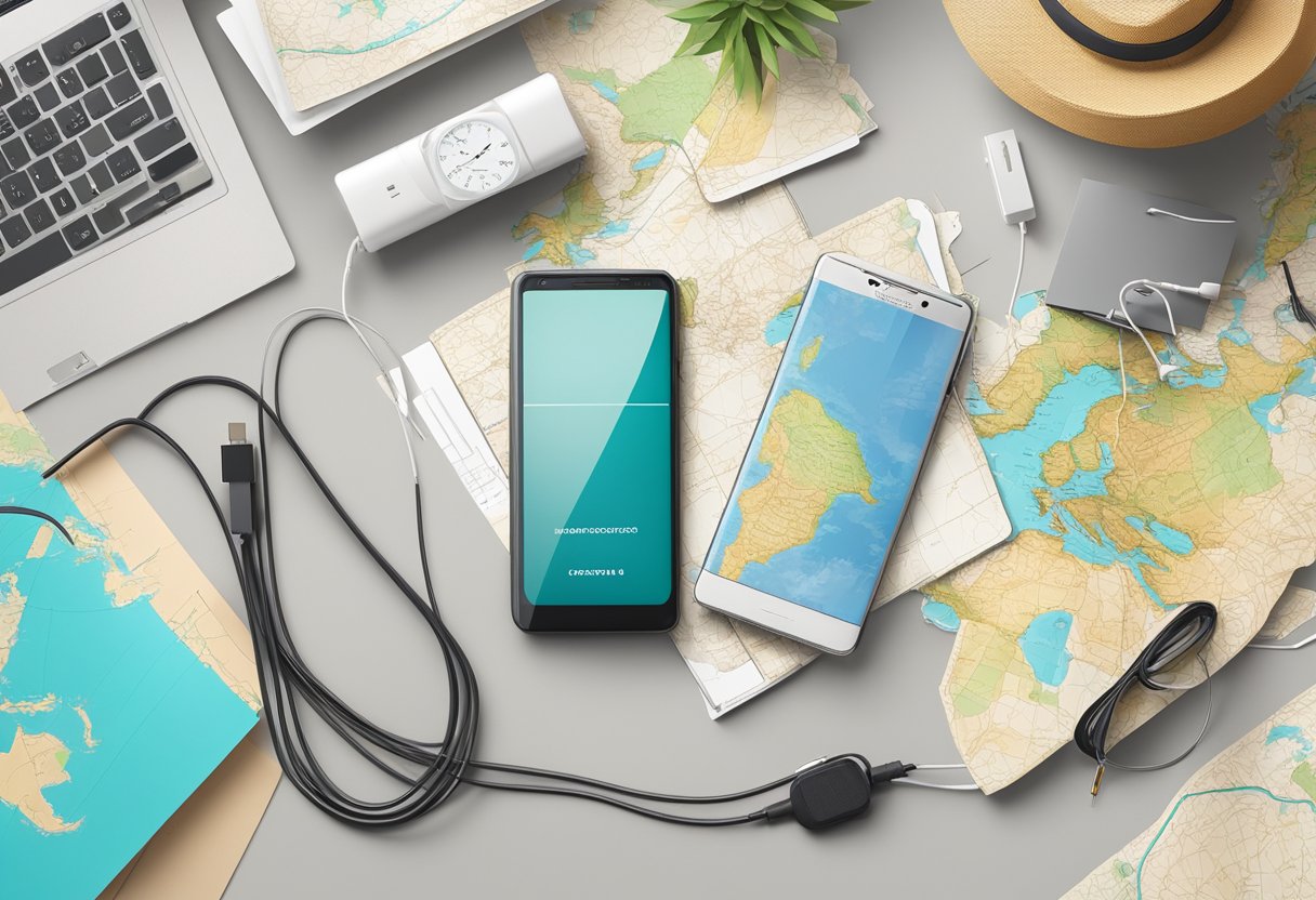 A smartphone connected to a power bank with a charging cable, placed next to a map, passport, and travel essentials on a table