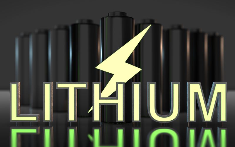 3d illustration of lithium batteries with a glowing yellow lightning bolt symbol, highlighting the concept of lithium power.